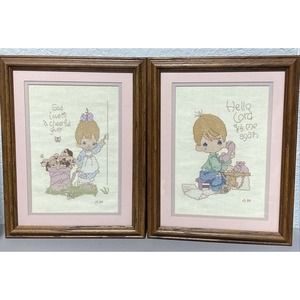 VTG Framed Needlepoint Cross Stitch Precious Moments Christian Signed Dated Set